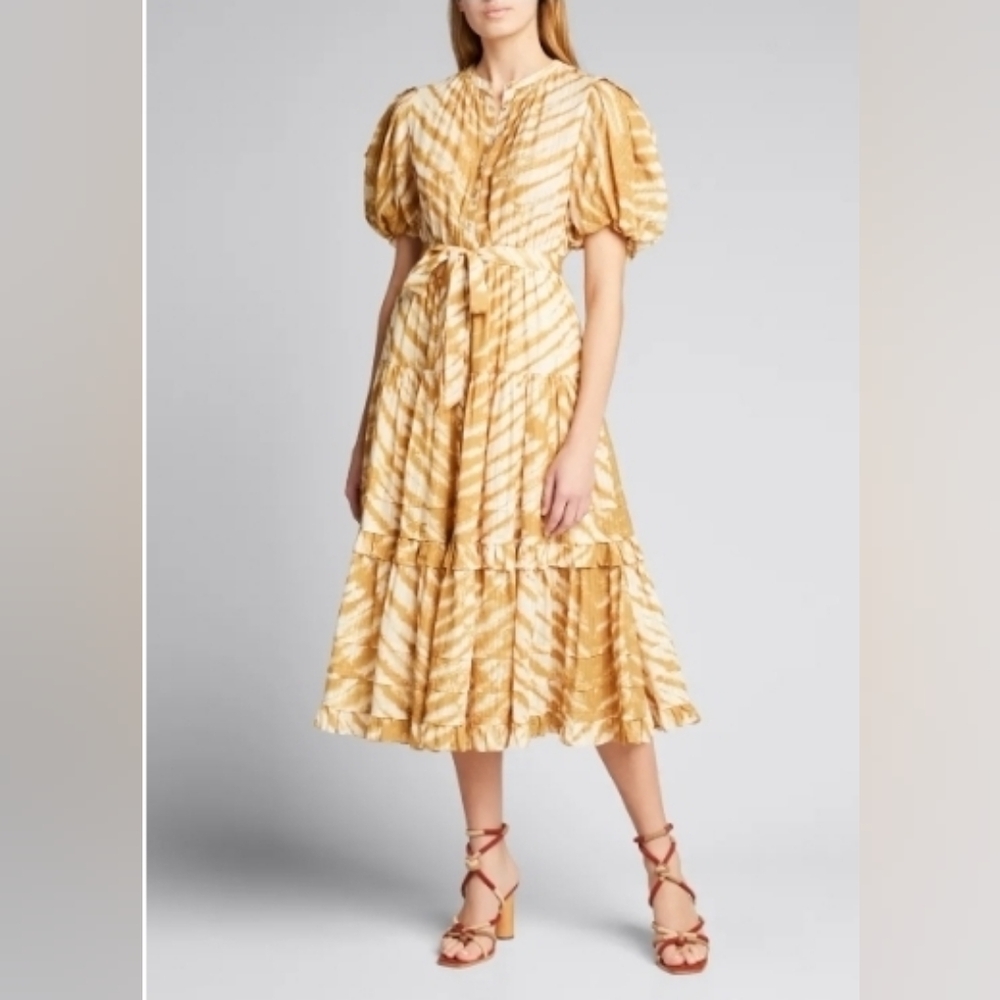 Ulla Johnson Yellow Cream Striped Puff-Sleeve Midi Dress